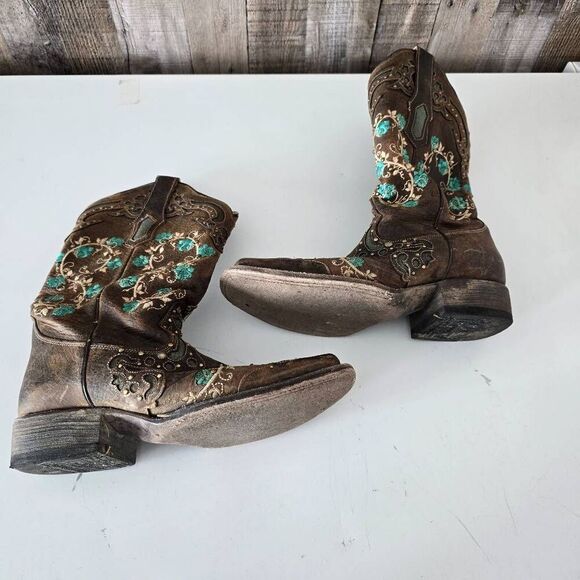 CORRAL Womens Handcrafted Western Cowboy Brown Stud Floral Embroidery Sz 7 Boot - Picture 4 of 7